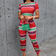 Women's Red Round Neck Printing Jumpsuit Set