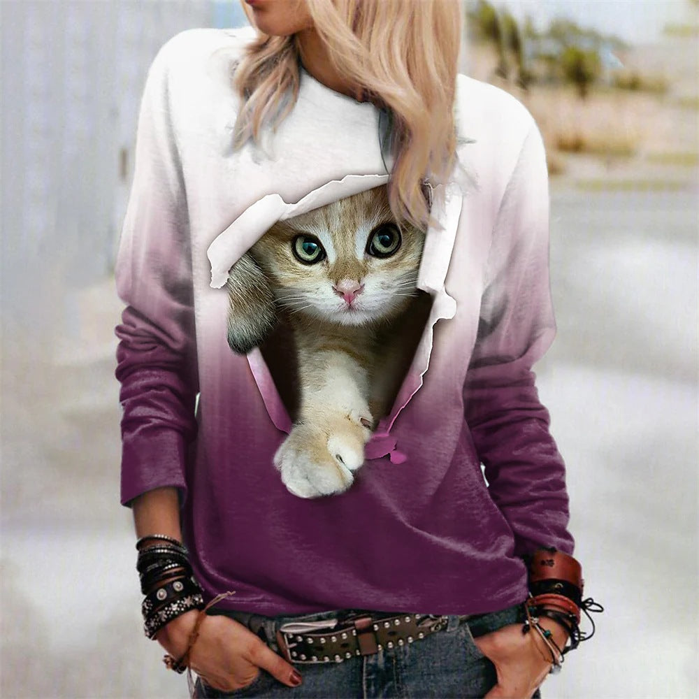 Gradient Cat Print Casual Pullover Sweatshirt