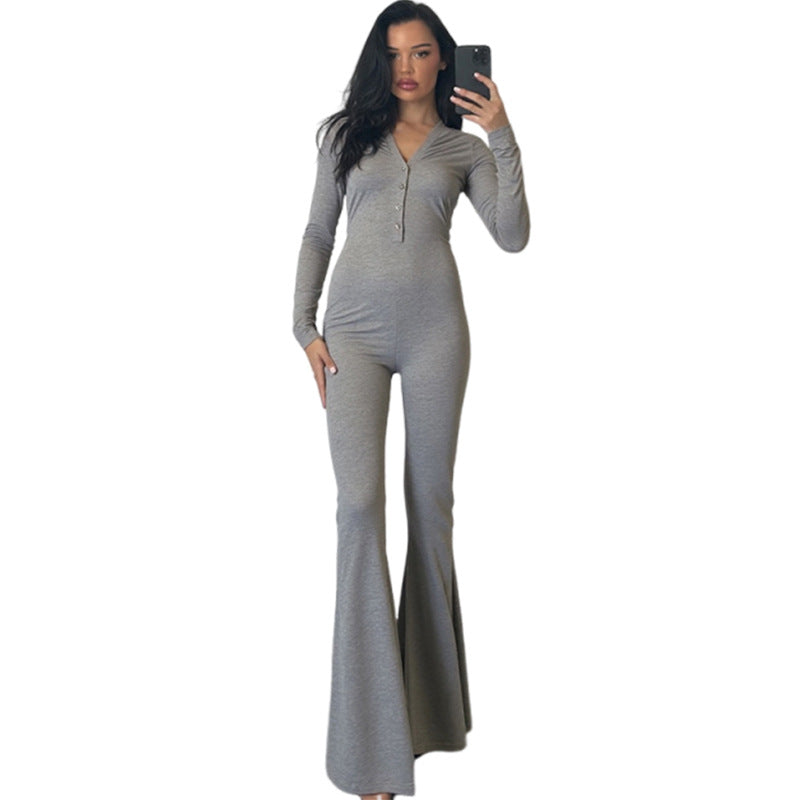 High-Waist Flared Long-Sleeve V-Neck Jumpsuit