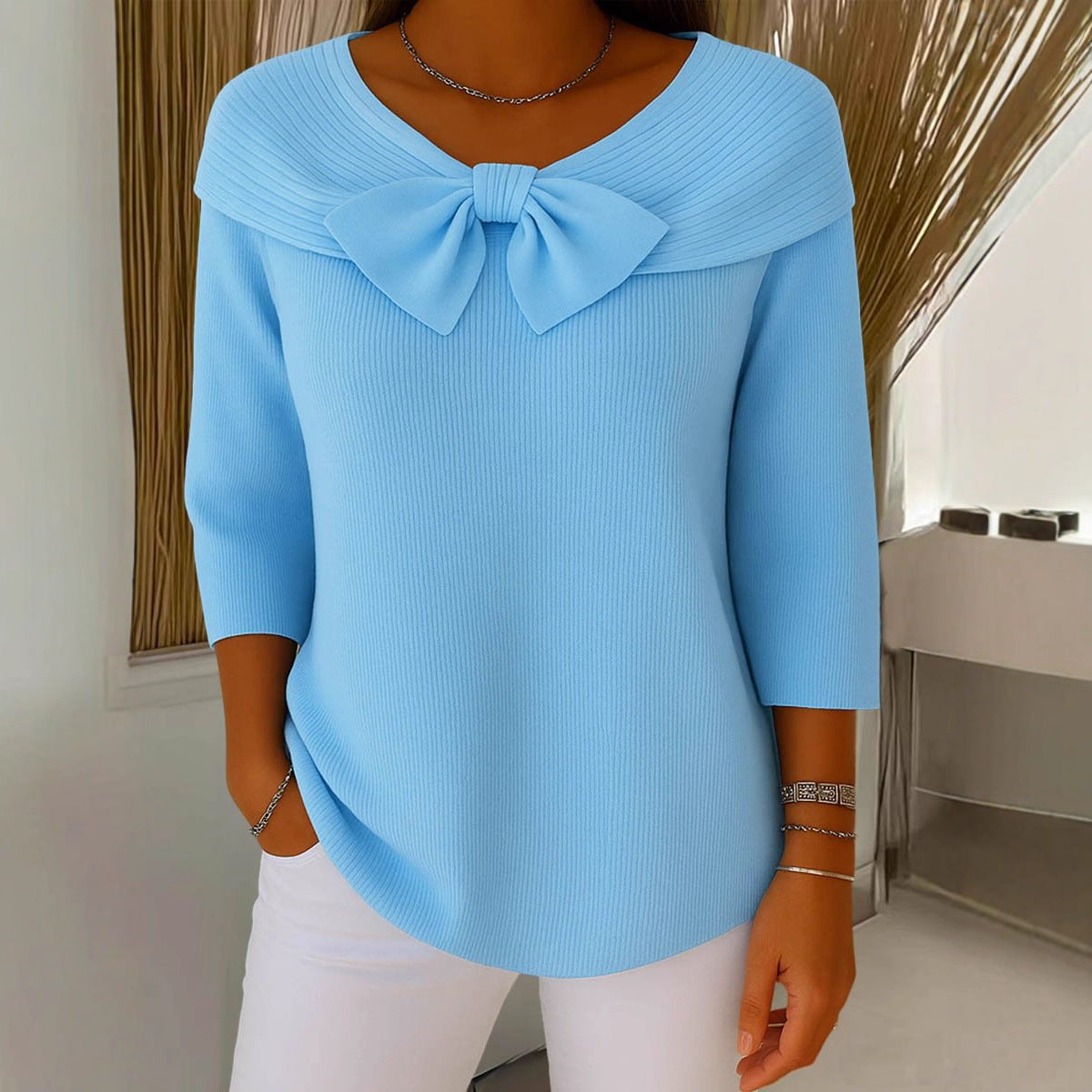 Knitted Bow Solid Color Sweater Autumn and Winter