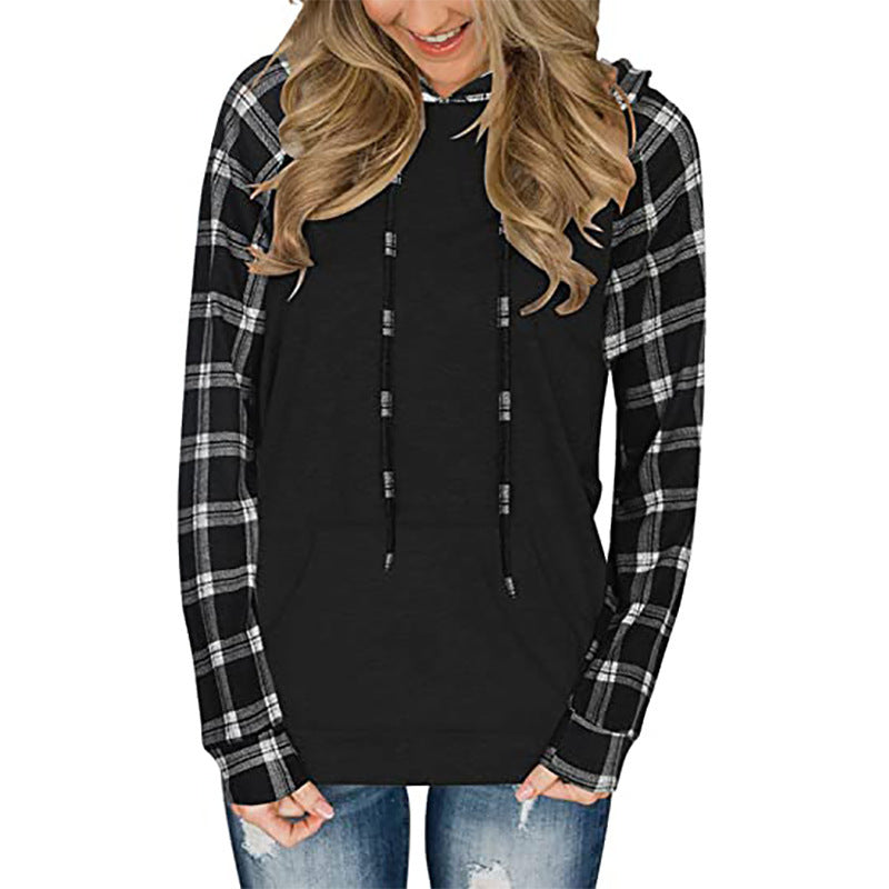 Women's Long-sleeved Color Matching Casual Plaid Hooded T-shirt