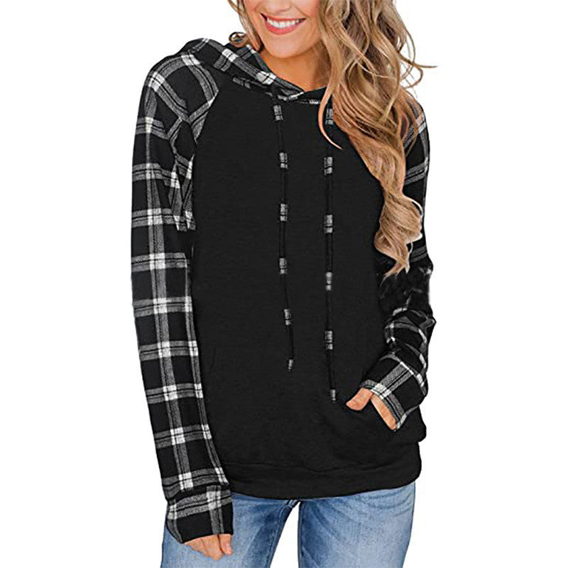 Women's Long-sleeved Color Matching Casual Plaid Hooded T-shirt