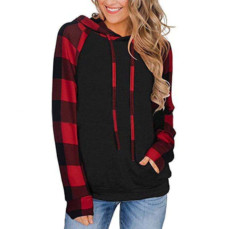 Women's Long-sleeved Color Matching Casual Plaid Hooded T-shirt