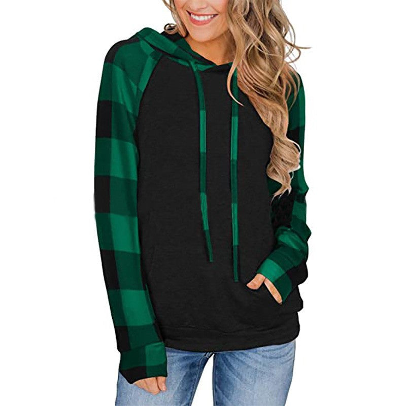Women's Long-sleeved Color Matching Casual Plaid Hooded T-shirt