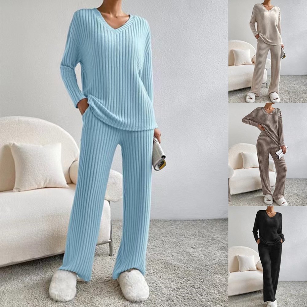 V-Neck Sunken Stripe Knitting Suit for Women