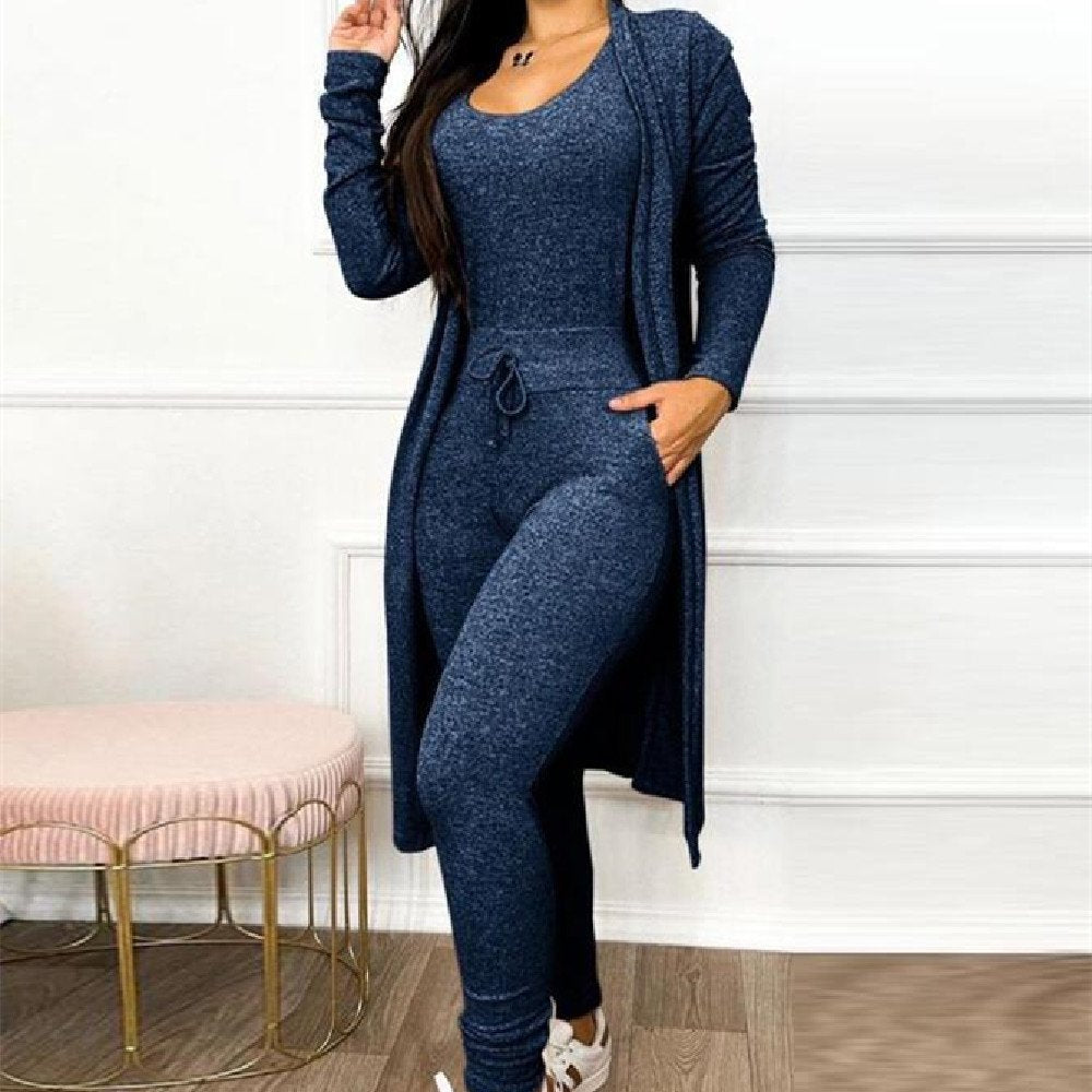 Cover Up with Style: Drawstring Pocket Design Jumpsuit & Cardigan Cover