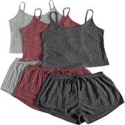 3-Piece Women's Rib Knitted Crop Top Shorts Suit Set