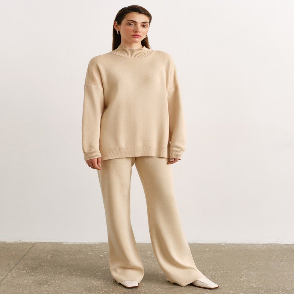 Women's Solid Color Turtleneck Knit Sweater Set