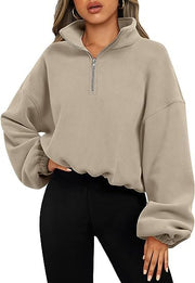 European And American Half Zipped Stand Collar Drawstring At Hem Polar Fleece Jacket