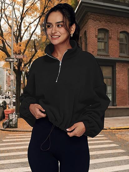 European And American Half Zipped Stand Collar Drawstring At Hem Polar Fleece Jacket
