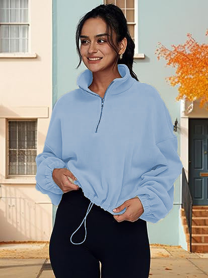 European And American Half Zipped Stand Collar Drawstring At Hem Polar Fleece Jacket