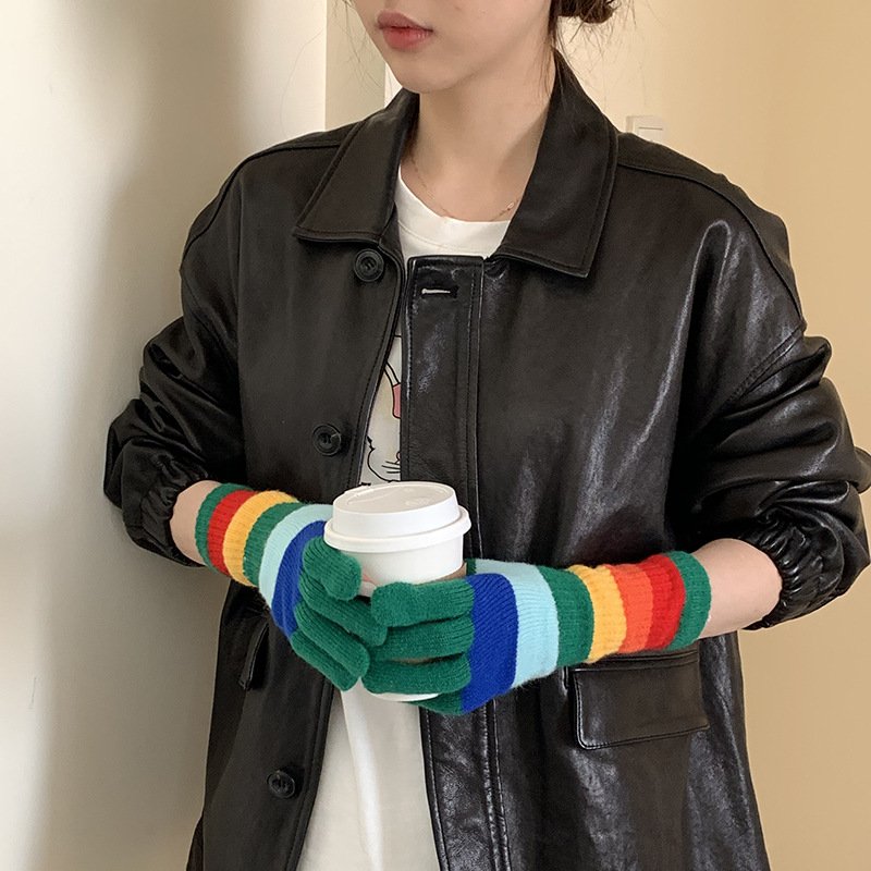 Rainbow Knit Gloves for Women - Warm & Colorful Finger Gloves