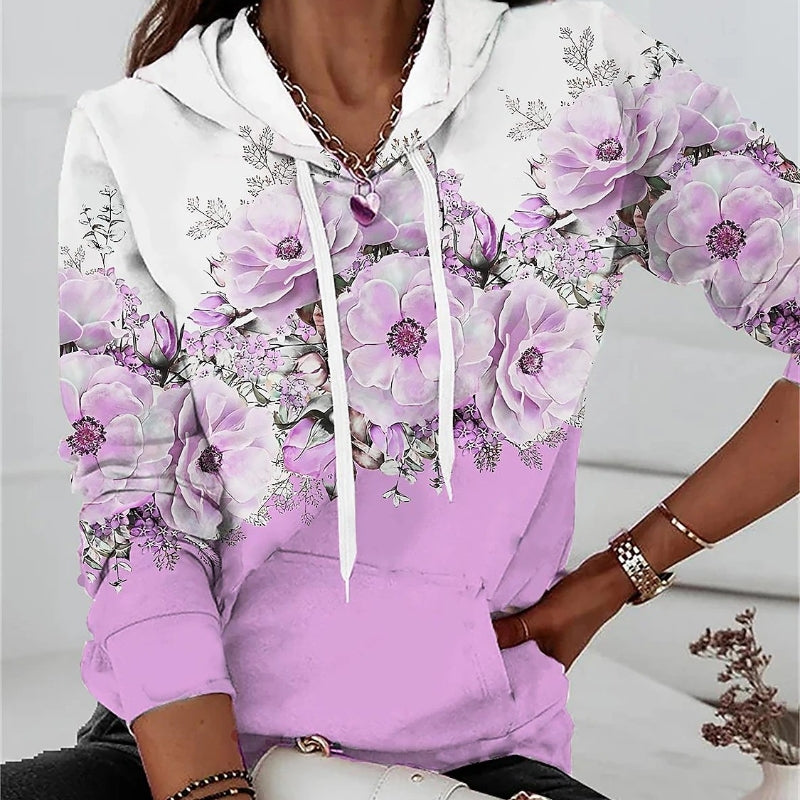 Hooded Sweater Floral Print Leisure Pullover Long Sleeve