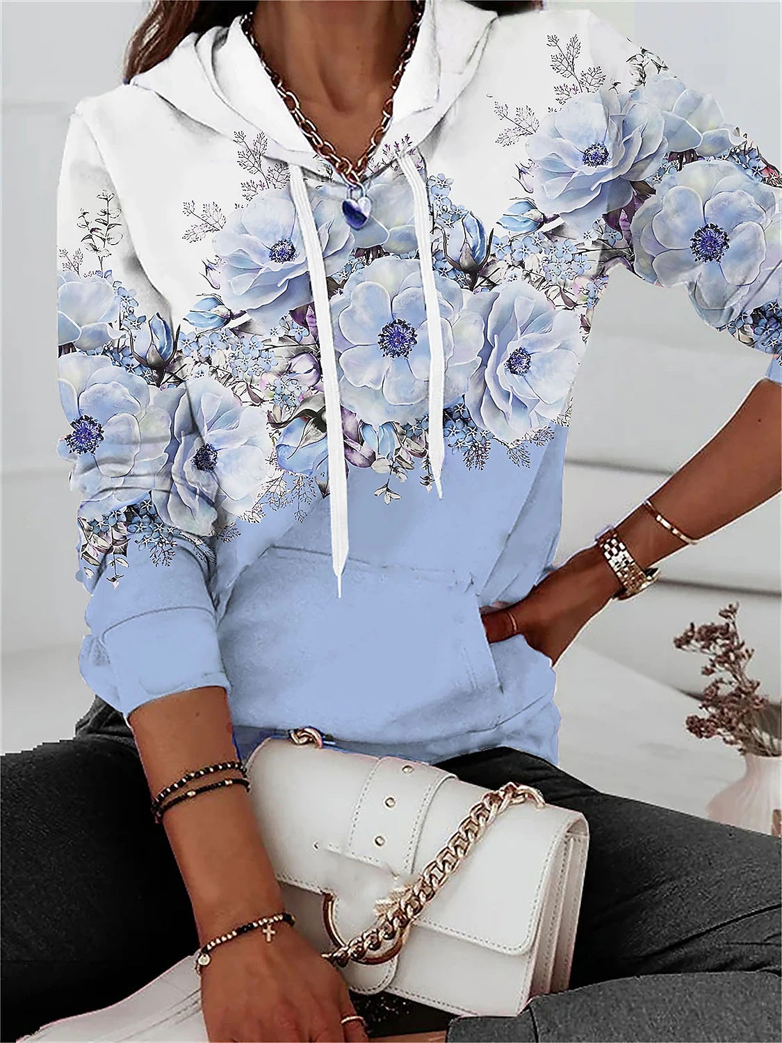Hooded Sweater Floral Print Leisure Pullover Long Sleeve