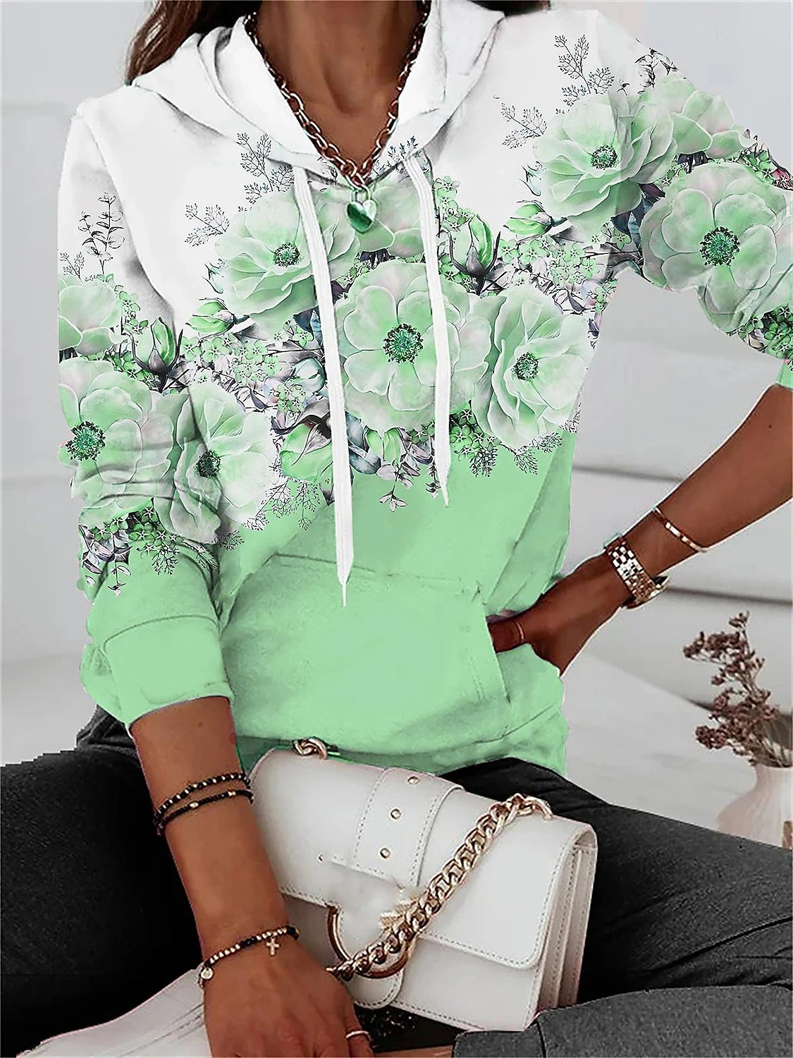 Hooded Sweater Floral Print Leisure Pullover Long Sleeve