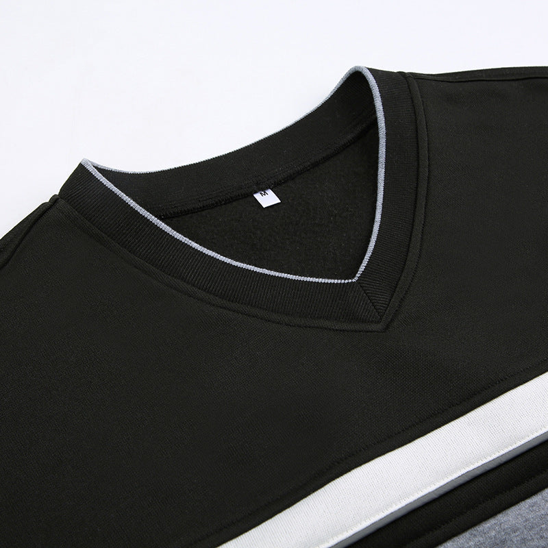 Women's Contrast Color Striped Stitching Small V-neck Design Loose-fitting Casual Pullover Female