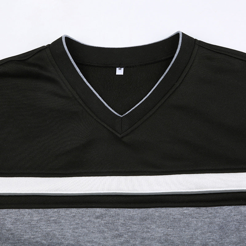 Women's Contrast Color Striped Stitching Small V-neck Design Loose-fitting Casual Pullover Female