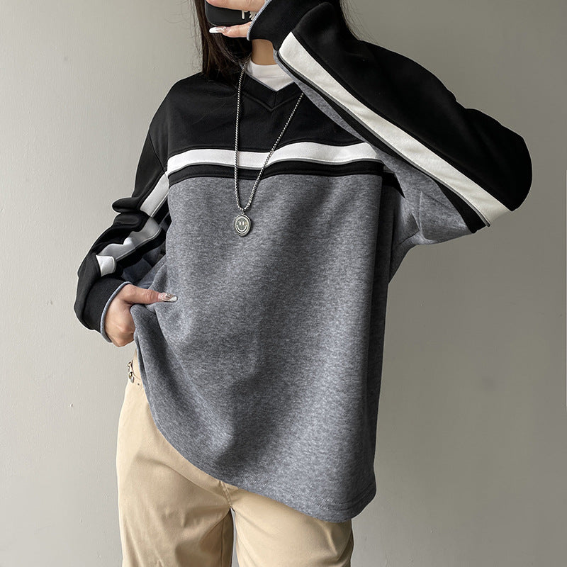 Spliced Contrasting Loose Fitting Hoodie Pullover