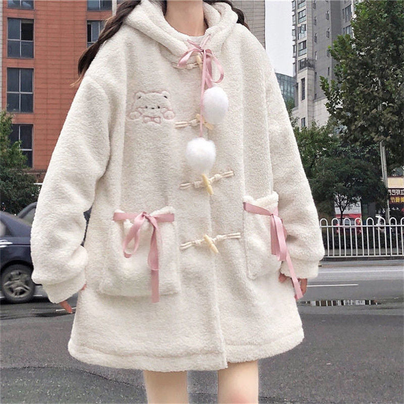 Preppy Style Lovely Soft Cute Cartoon Print Hooded Loose Sweater Schoolgirls' Coat Top