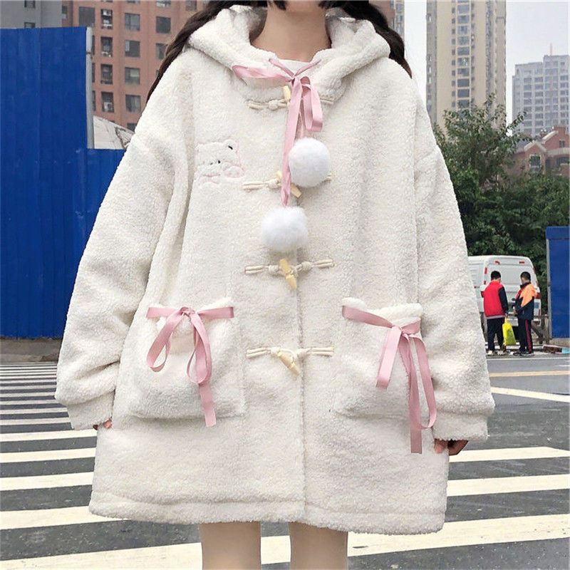 Preppy Style Lovely Soft Cute Cartoon Print Hooded Loose Sweater Schoolgirls' Coat Top