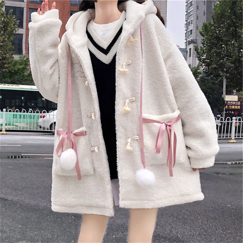 Preppy Style Lovely Soft Cute Cartoon Print Hooded Loose Sweater Schoolgirls' Coat Top