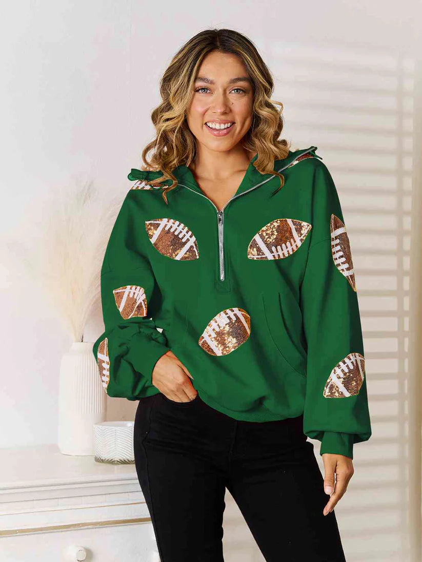 Rugby Sequined Hooded Sweater Zipper Drawstring Long Sleeve Coat Top