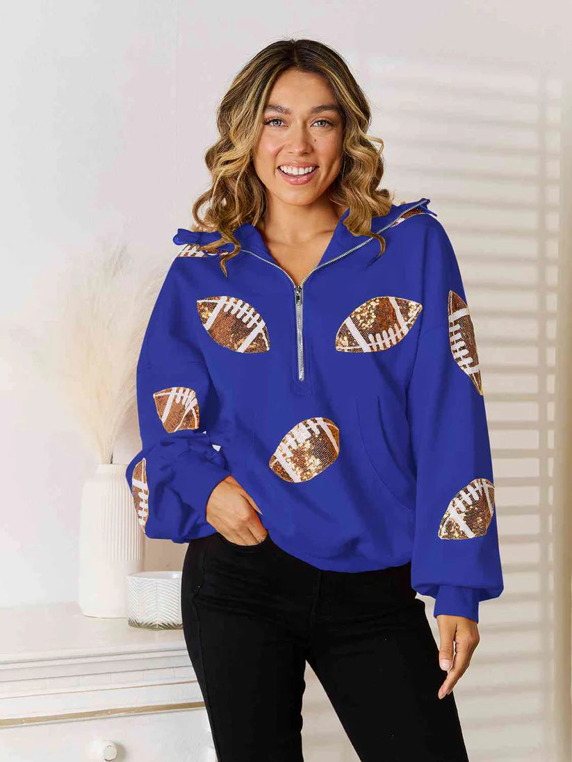 Rugby Sequined Hooded Sweater Zipper Drawstring Long Sleeve Coat Top