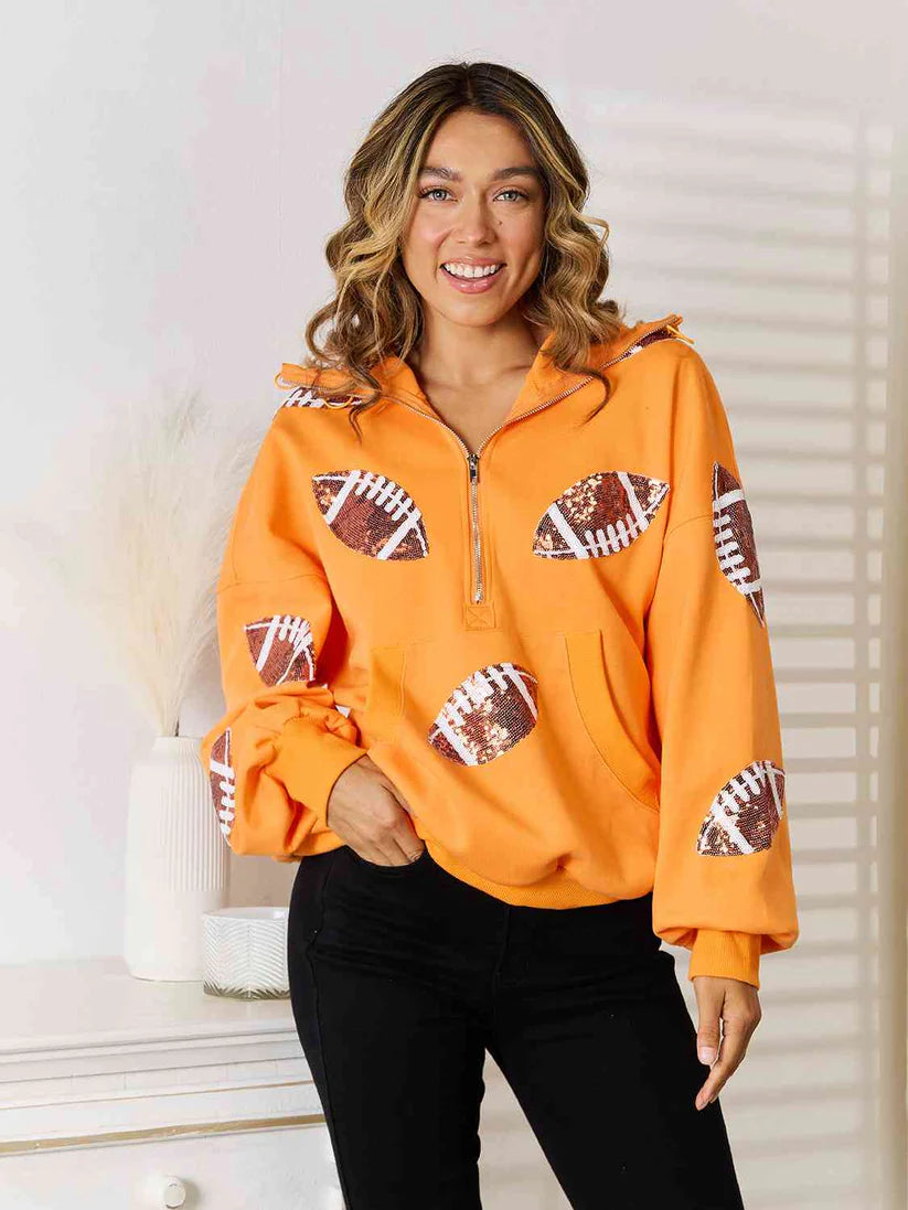 Rugby Sequined Hooded Sweater Zipper Drawstring Long Sleeve Coat Top