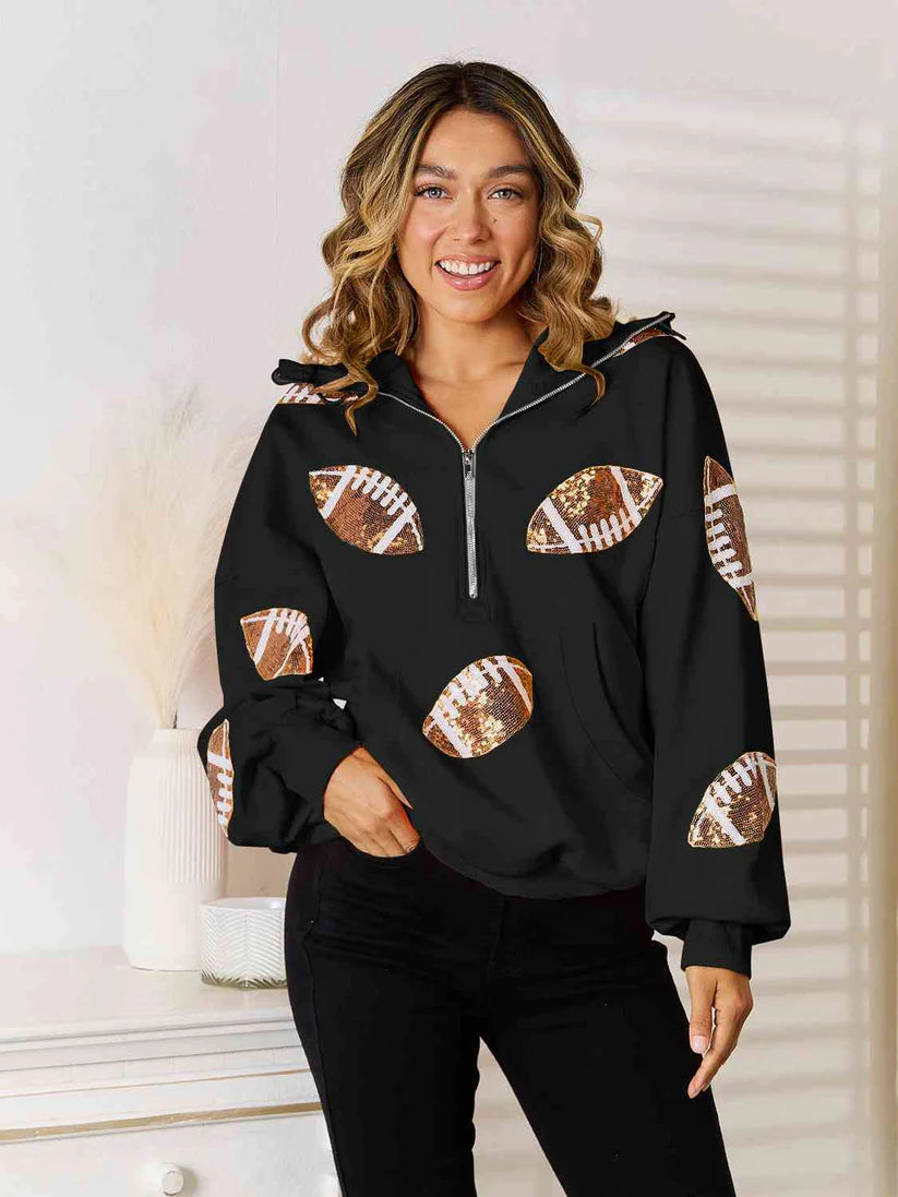 Rugby Sequined Hooded Sweater Zipper Drawstring Long Sleeve Coat Top