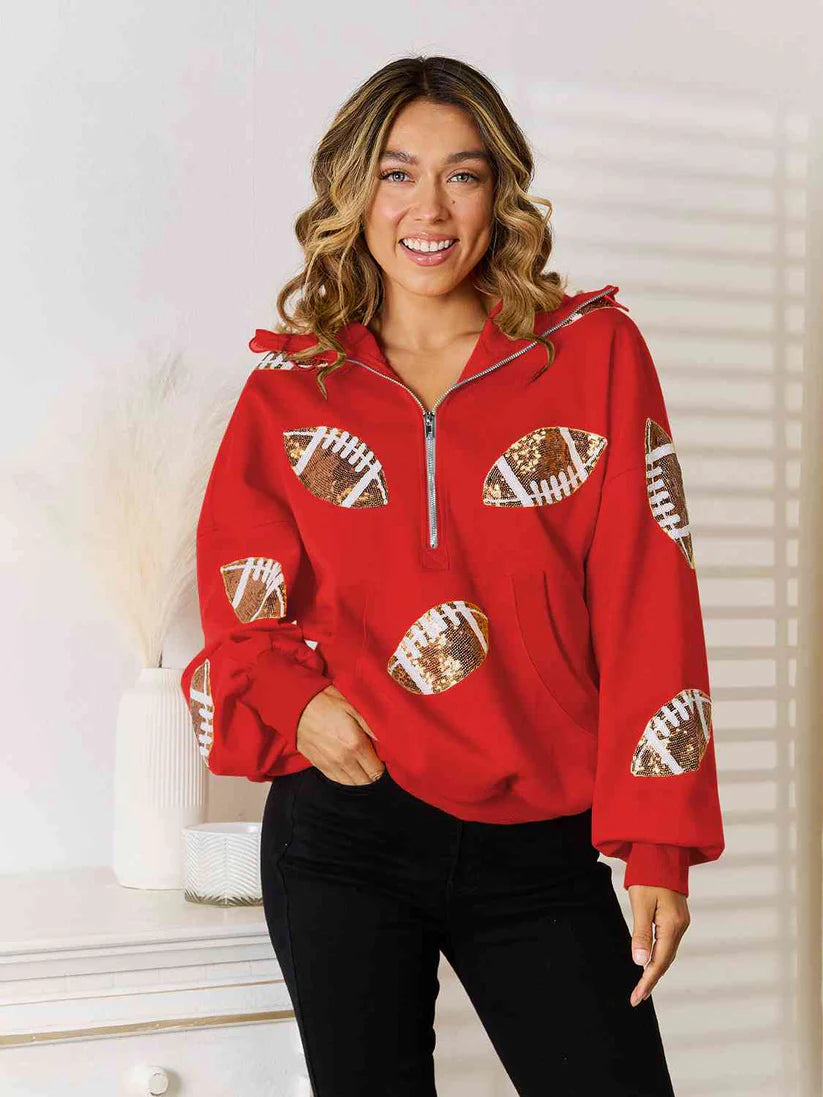 Rugby Sequined Hooded Sweater Zipper Drawstring Long Sleeve Coat Top