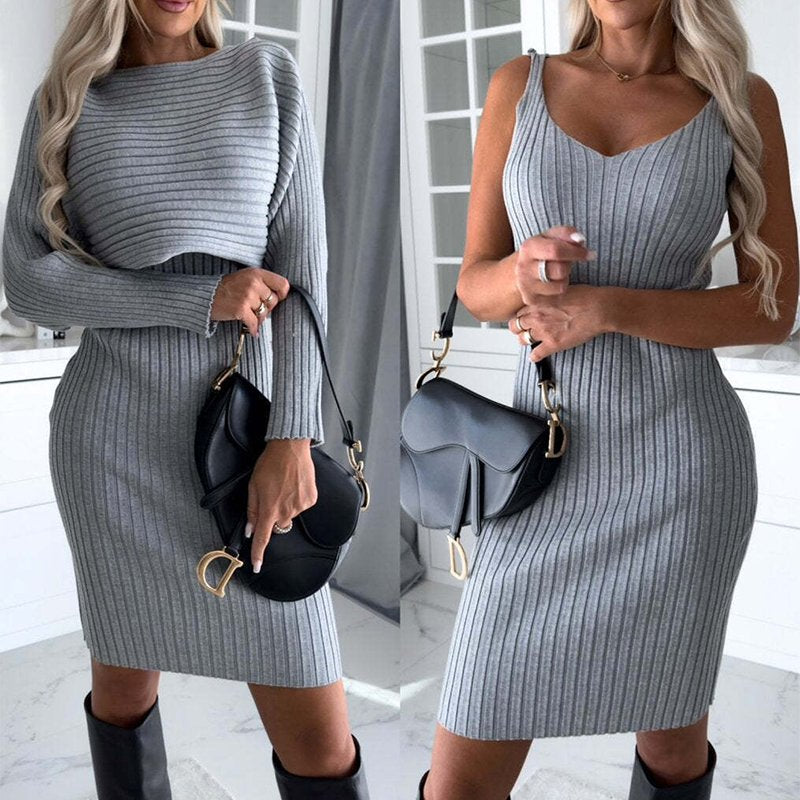 Women's Stripe Long-sleeved Top and Tight Suspender Skirt Set