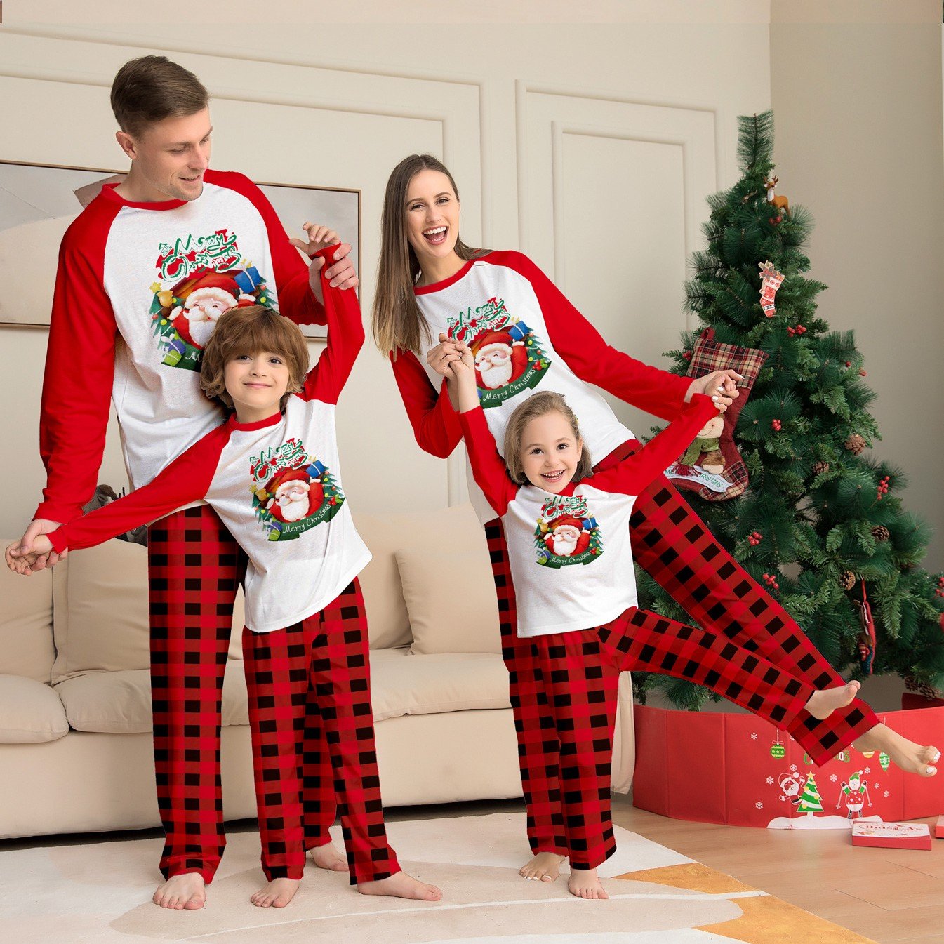 Holiday Cartoon Plaid Long Sleeve Family Suit