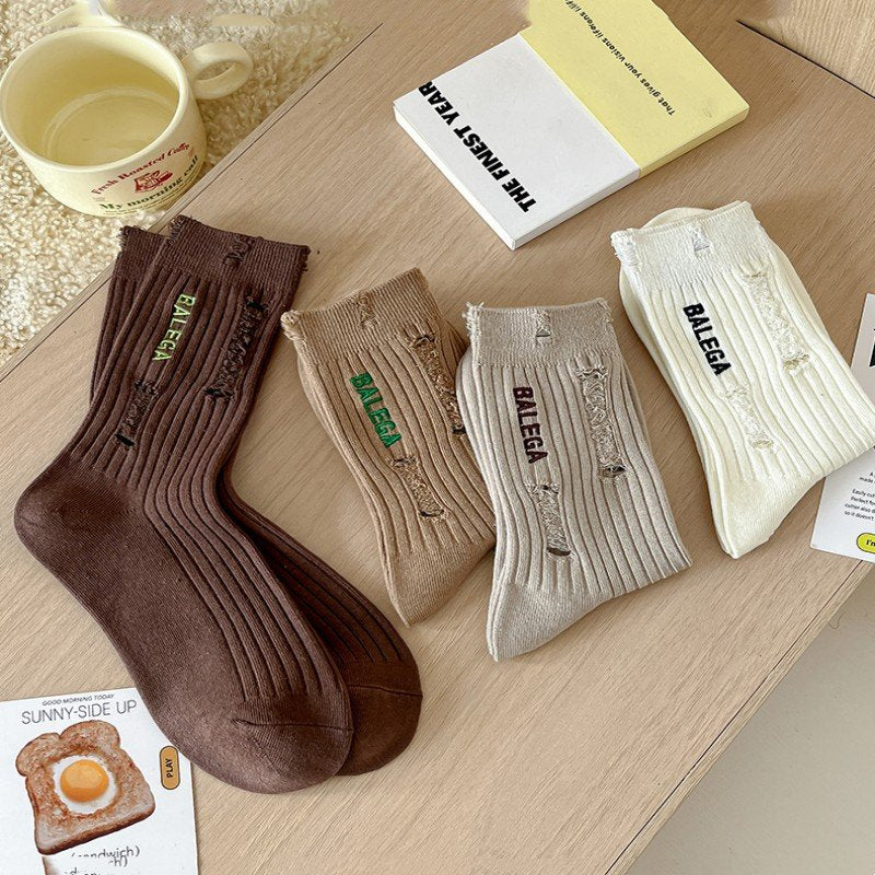 Ripped Embroidered Socks for Women