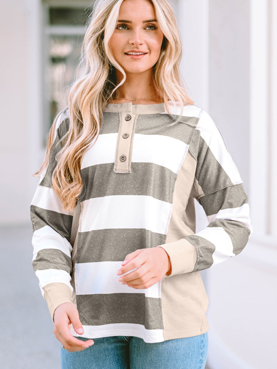 Colored Pullover Loose Casual Striped Printed Long Sleeves Women