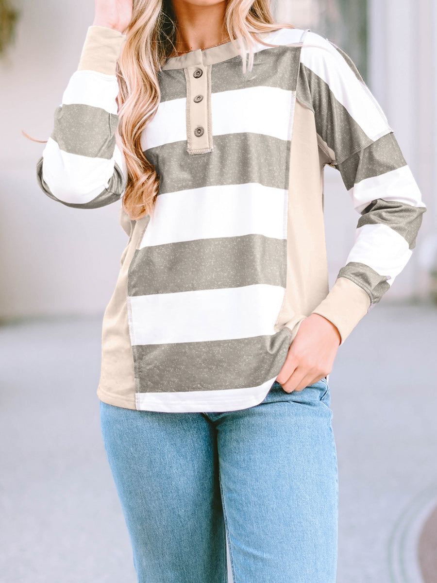 Colored Pullover Loose Casual Striped Printed Long Sleeves Women