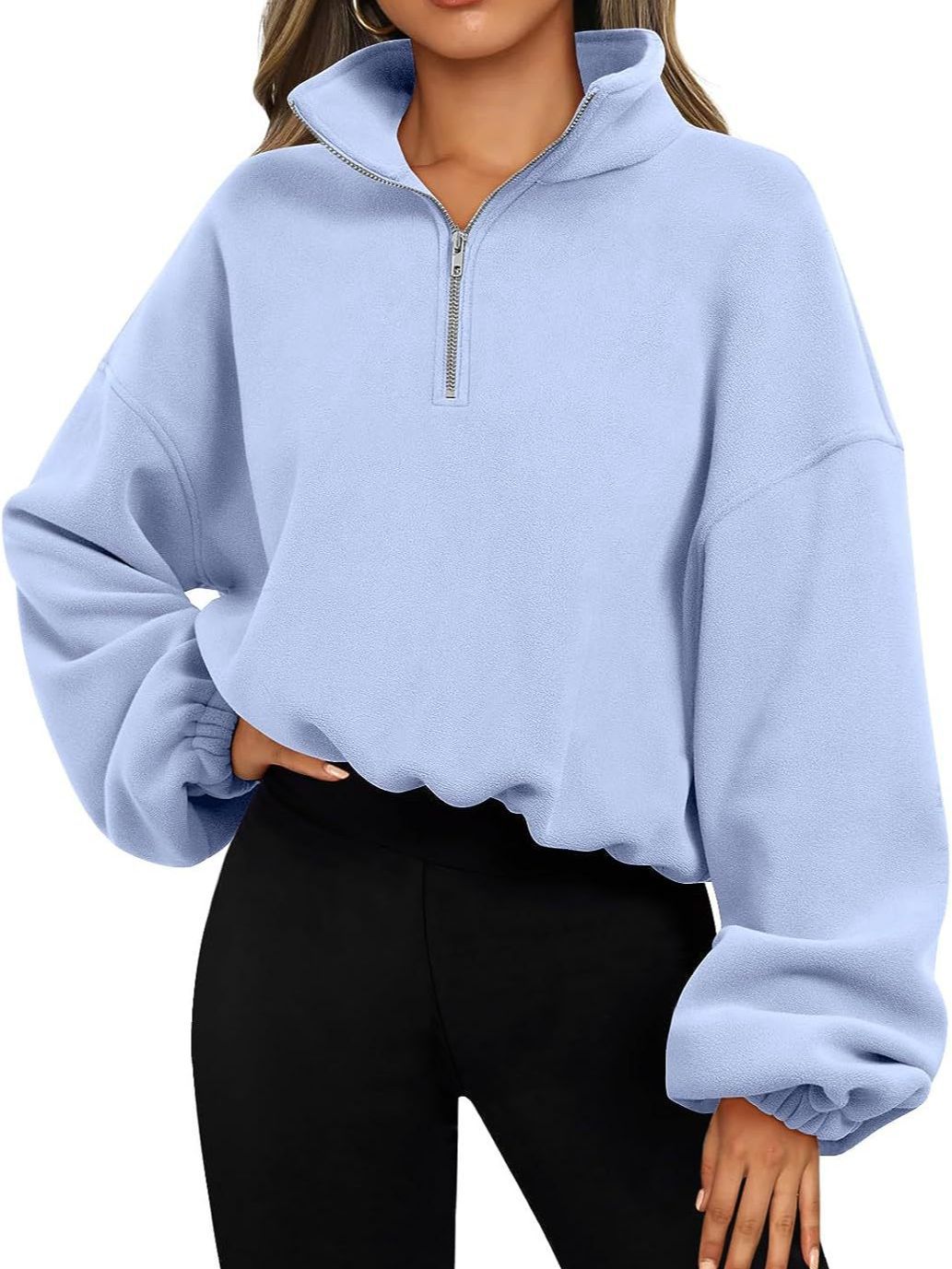 Women's Half Zipped Stand Collar Drawstring At Hem Polar Fleece Autumn Winter Sweater