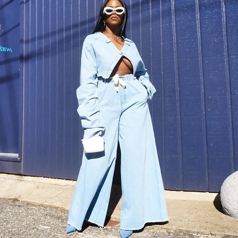 Loose Fit Denim Jumpsuit Set for Women
