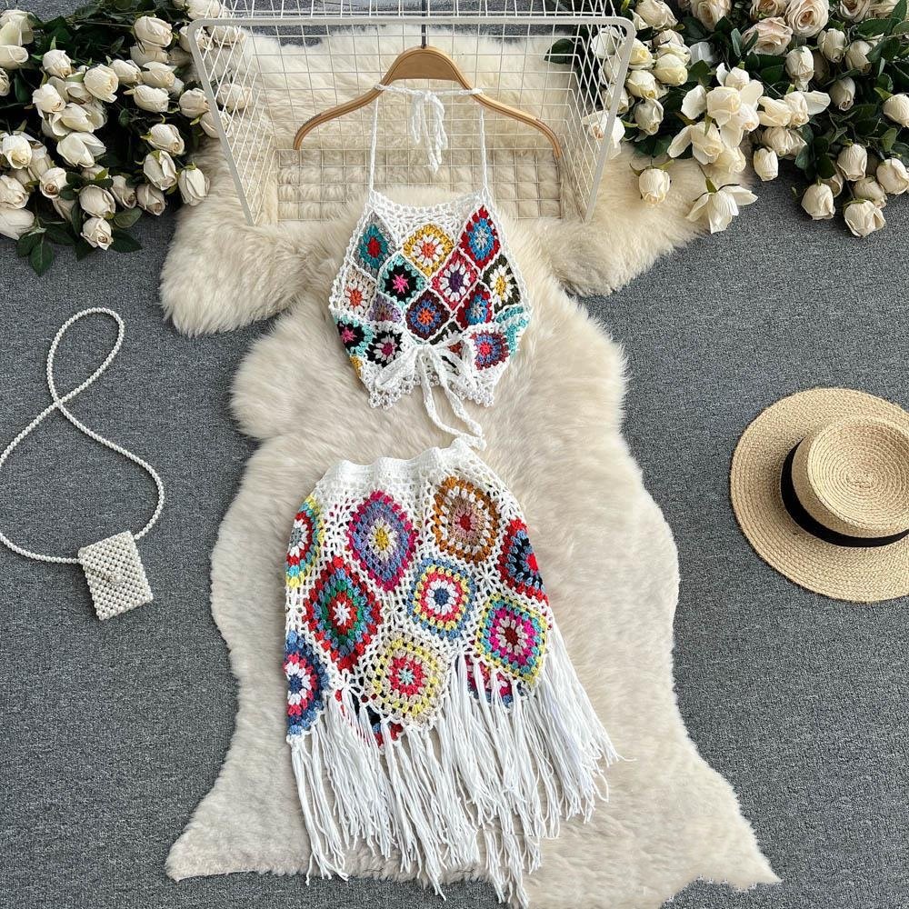 Bohemian Crochet Halter Top & Short Skirt Set