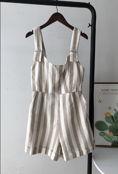 Sexy Backless Striped High-Waist Jumpsuit Shorts