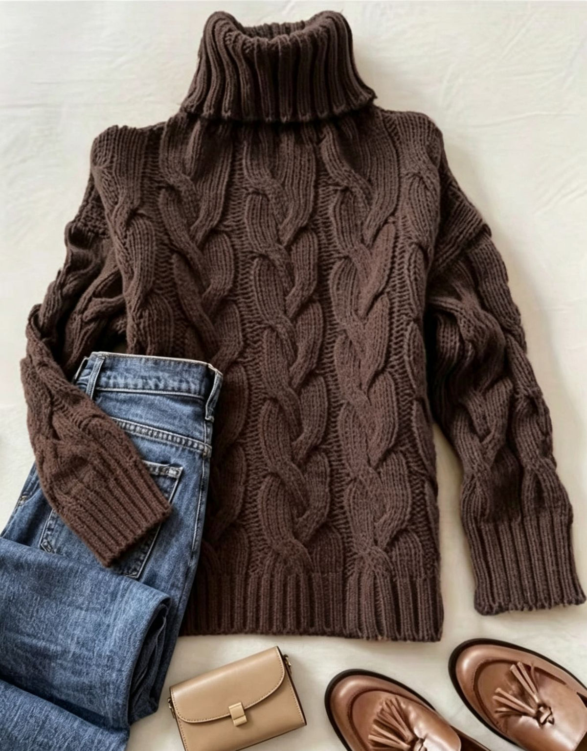 Comfortable Turtleneck Long-sleeve Sweater with a Cable-knit Pattern