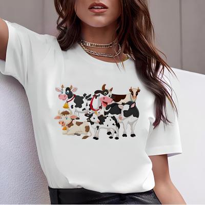 New Cow Animal Cartoon Print White Round Neck Short Sleeve