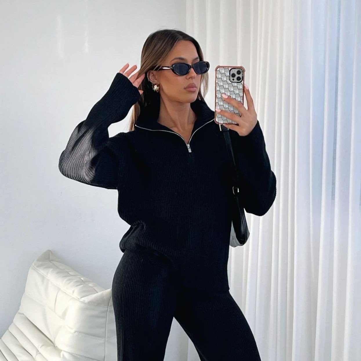 Beige Long Sleeve Wool Zipper Trousers Suit for Women
