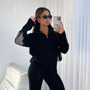 Beige Long Sleeve Wool Zipper Trousers Suit for Women