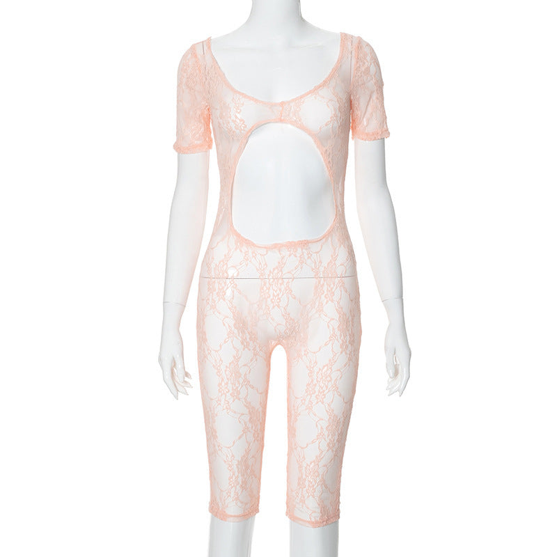 Women's Sexy Lace Stitching U-neck Short-sleeved Cropped Hollow Siamese Shorts