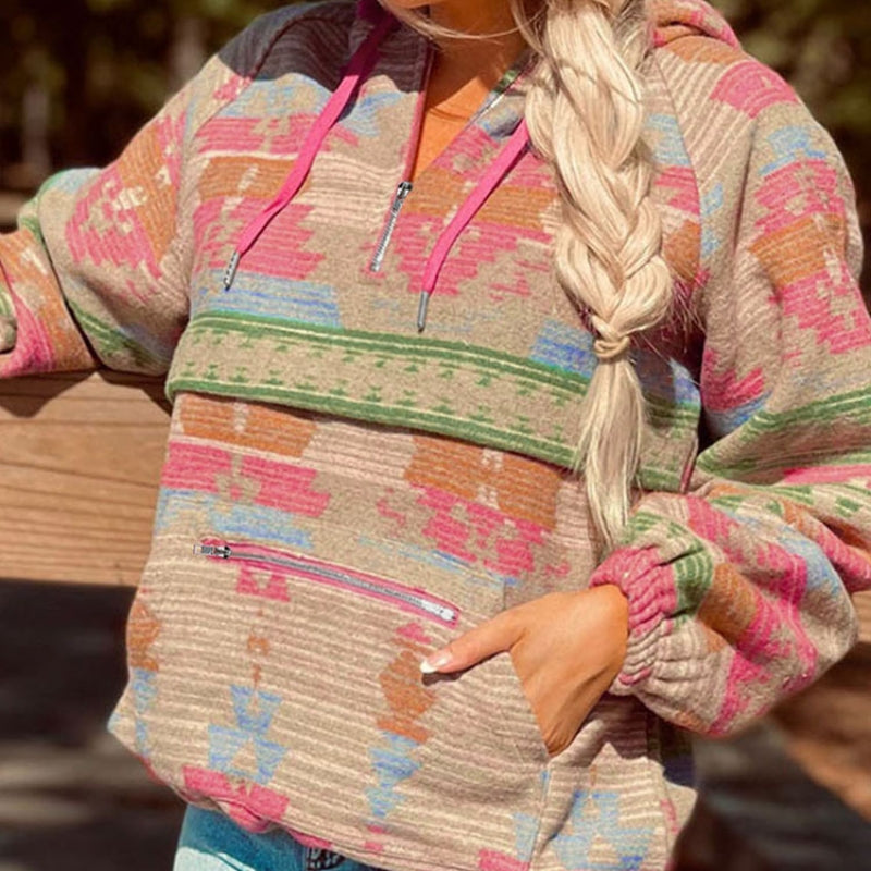 Women's Abstract Printed Zip Hoodie Casual Pullover