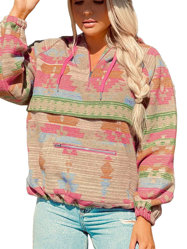 Women's Abstract Printed Zip Hoodie Casual Pullover