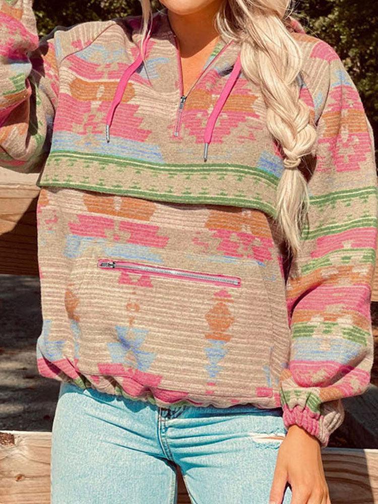 Women's Abstract Printed Zip Hoodie Casual Pullover