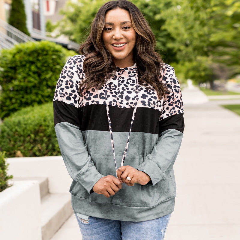 Plus Size Leopard Contrast Pullover Hoodie