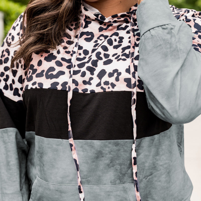 Plus Size Leopard Contrast Pullover Hoodie
