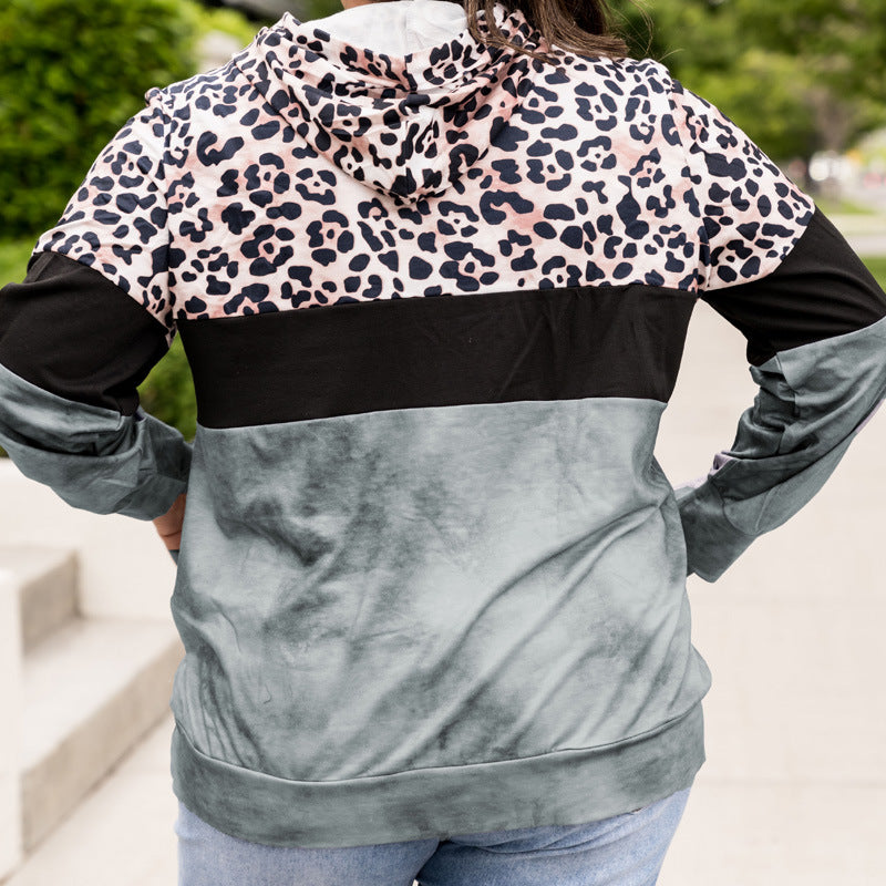 Plus Size Leopard Contrast Pullover Hoodie